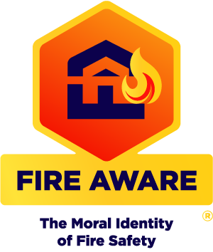 Logo featuring a house and flame icon with the words FIRE AWARE: The Moral Identity of Fire Safety.
