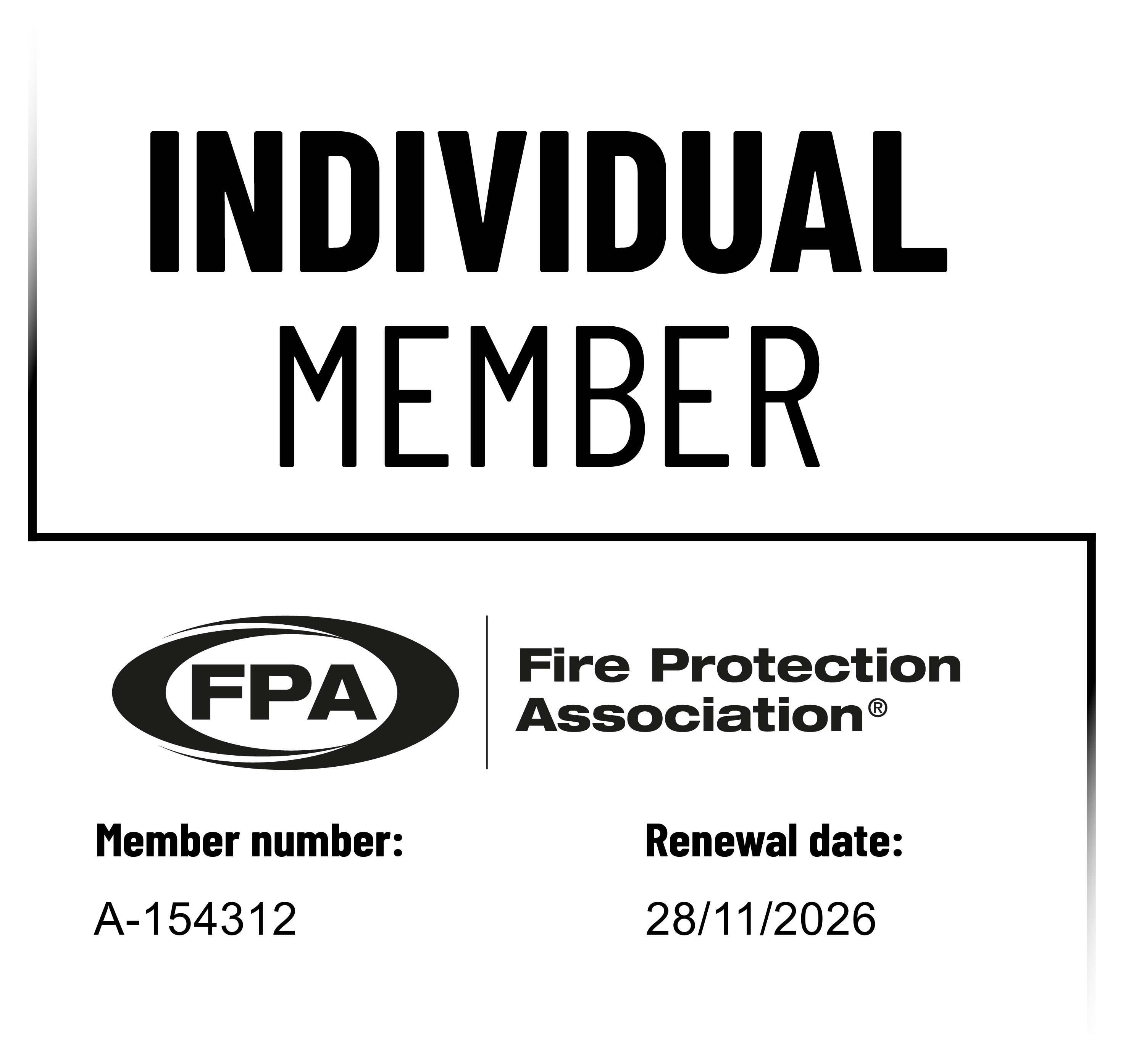 Fire Protection Association Individual Member card displaying member number A-154312 and renewal date of 28 November 2026.